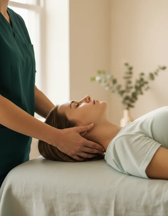 Séance d'ostéopathie : patiente allongée sur le dos, la praticienne soutient sa nuque des deux mains